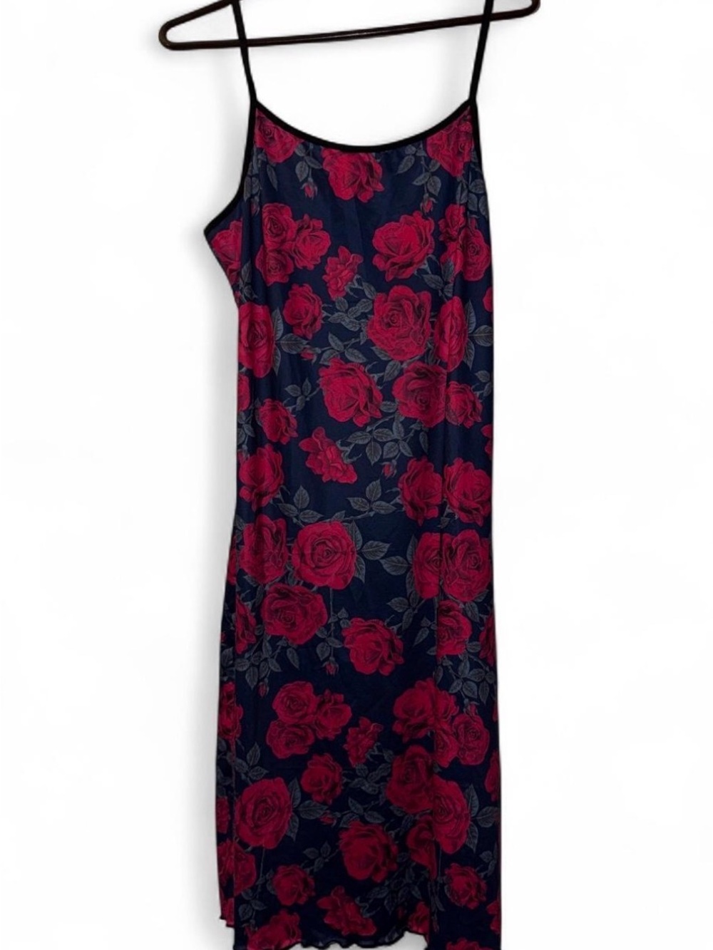 Red rose print sleep dress with spaghetti straps and flowy silhouette L